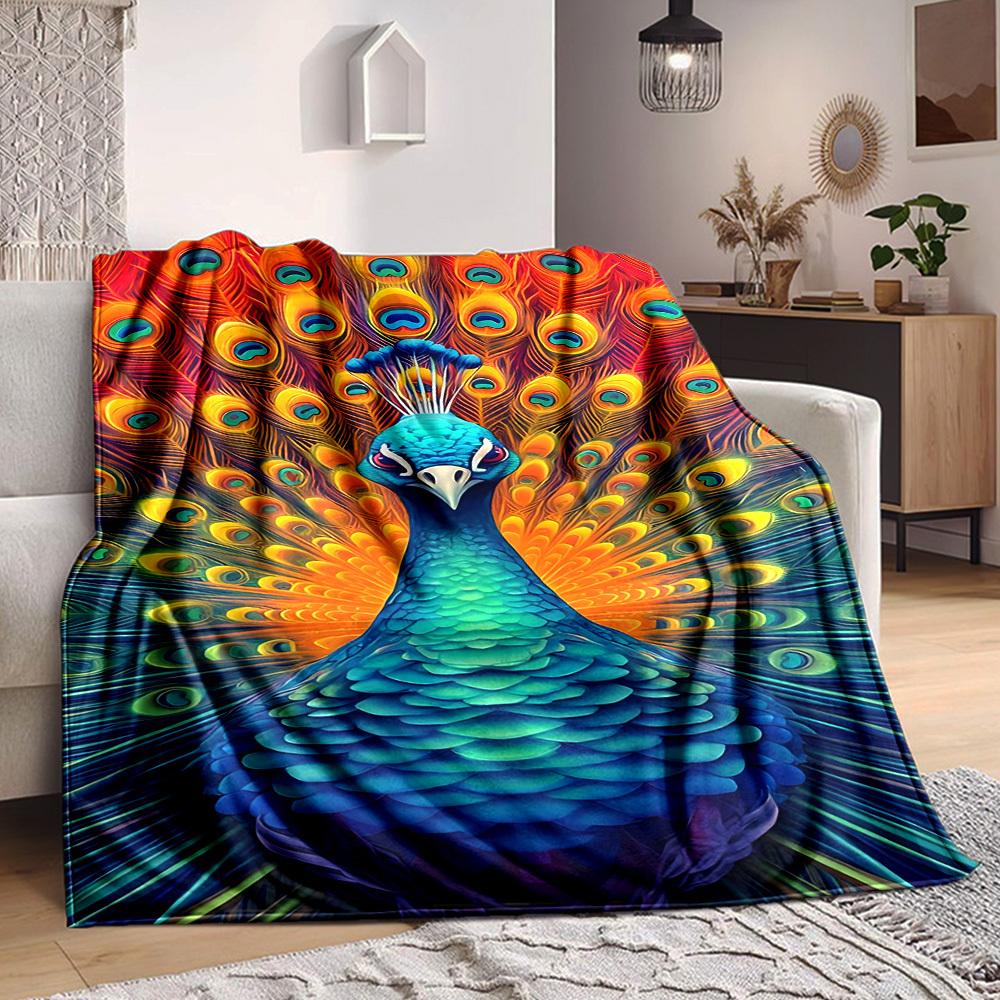 1pc Peacock Feather Blanket Lightweight Flannel Blanket Throw Blanket For Sofa, Bed, Travel, Camping, Livingroom, Office, Couch, Chair, And Bed yy2510