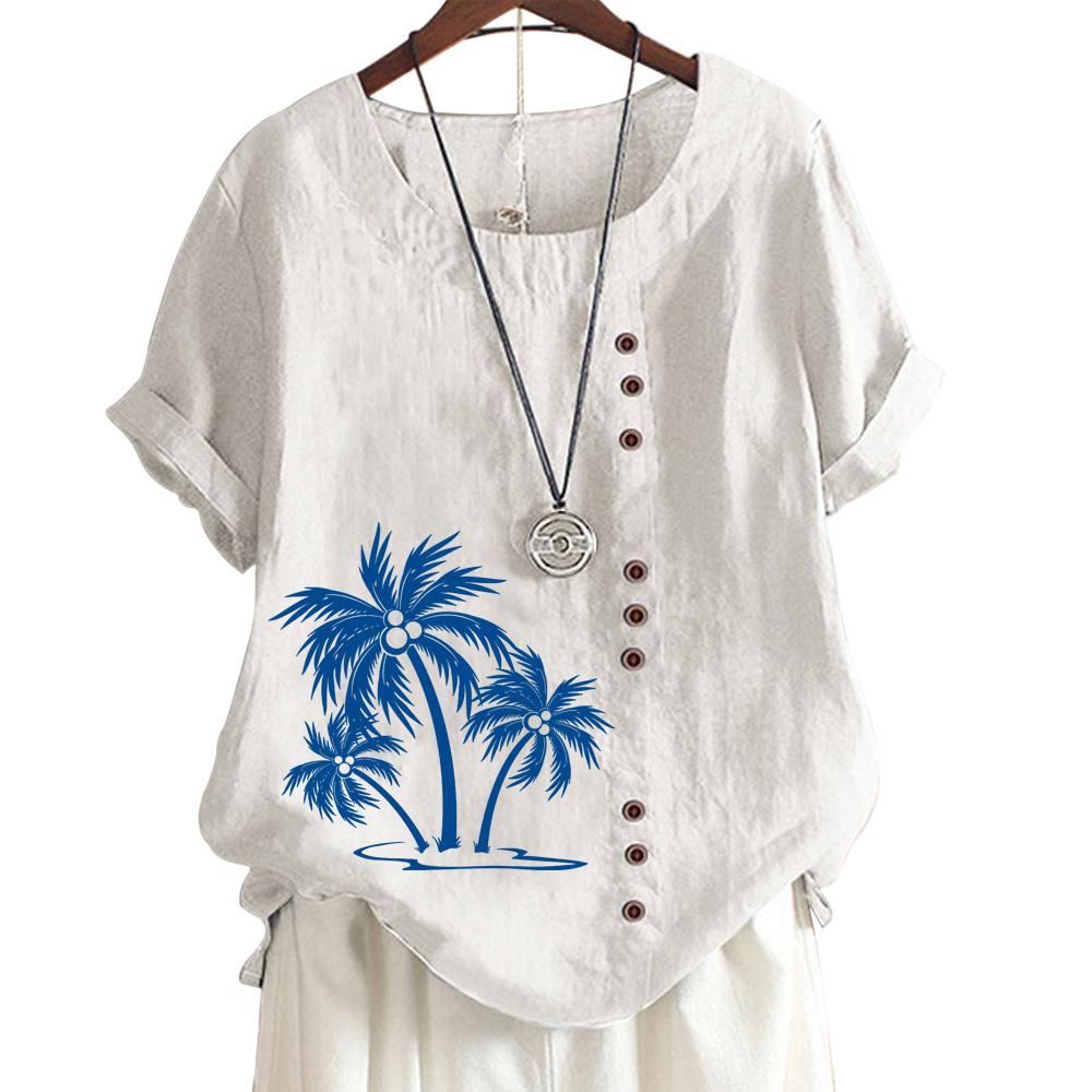 Women's Cotton Casual Top with 6 Butterfly Plant Print Patterns, Round Neck, Short Sleeves