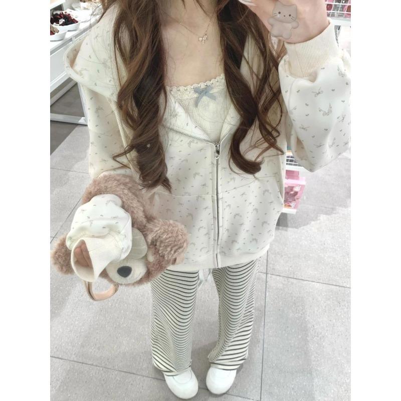 Soft Girl Sweet Hoodies Women Y2k Harajuku Kawaii Top Bow Print Oversized Hooded Casual Top Coat