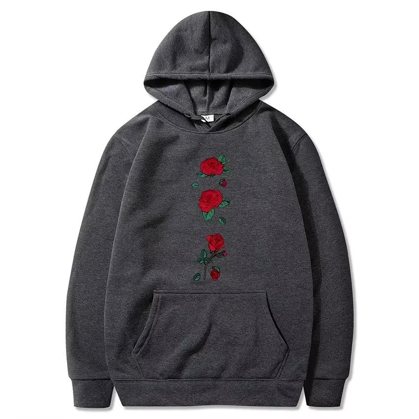 Trend Leisure5 Rose Flower Print Men's Pullover Autumn and Winter Fashion Loose Streetwear Outdoor Sports