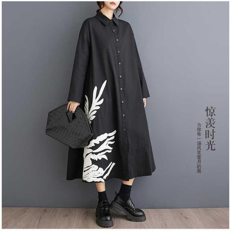 Loose Large Size Splicing Casual Simple Printed Sweet Long Sleeve Shirt Dresses