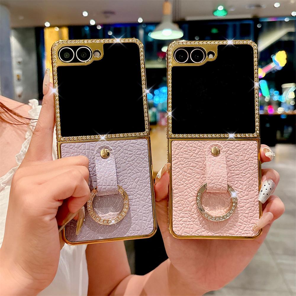 Luxury Rhinestone Plating Frame Lychee Leather Phone Case For SAMSUNG Z Flip 7 6 5 4 3 Finger Ring Solid Color Protective Cover