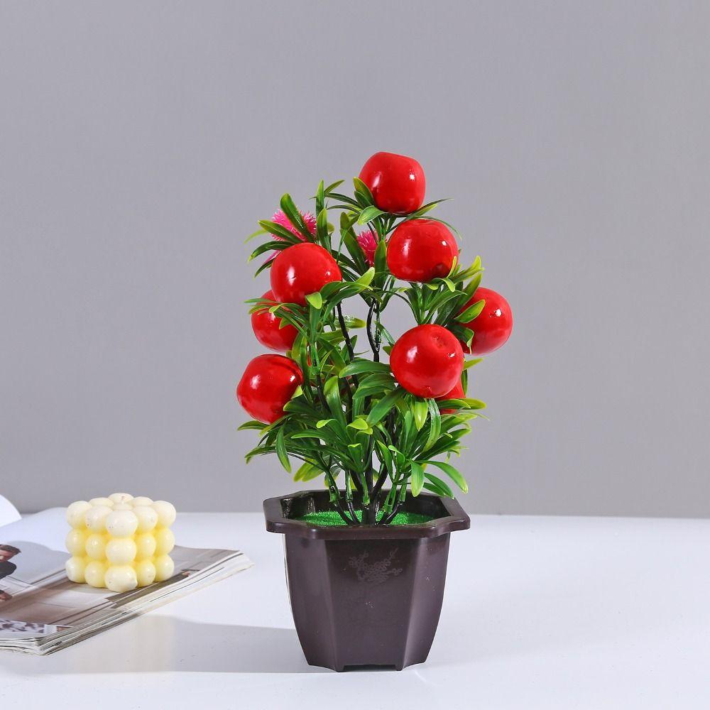 9-heads Artificial Fruit Plant Potted Peach Pomegranate Fake Plant Indoor Office Table Decor