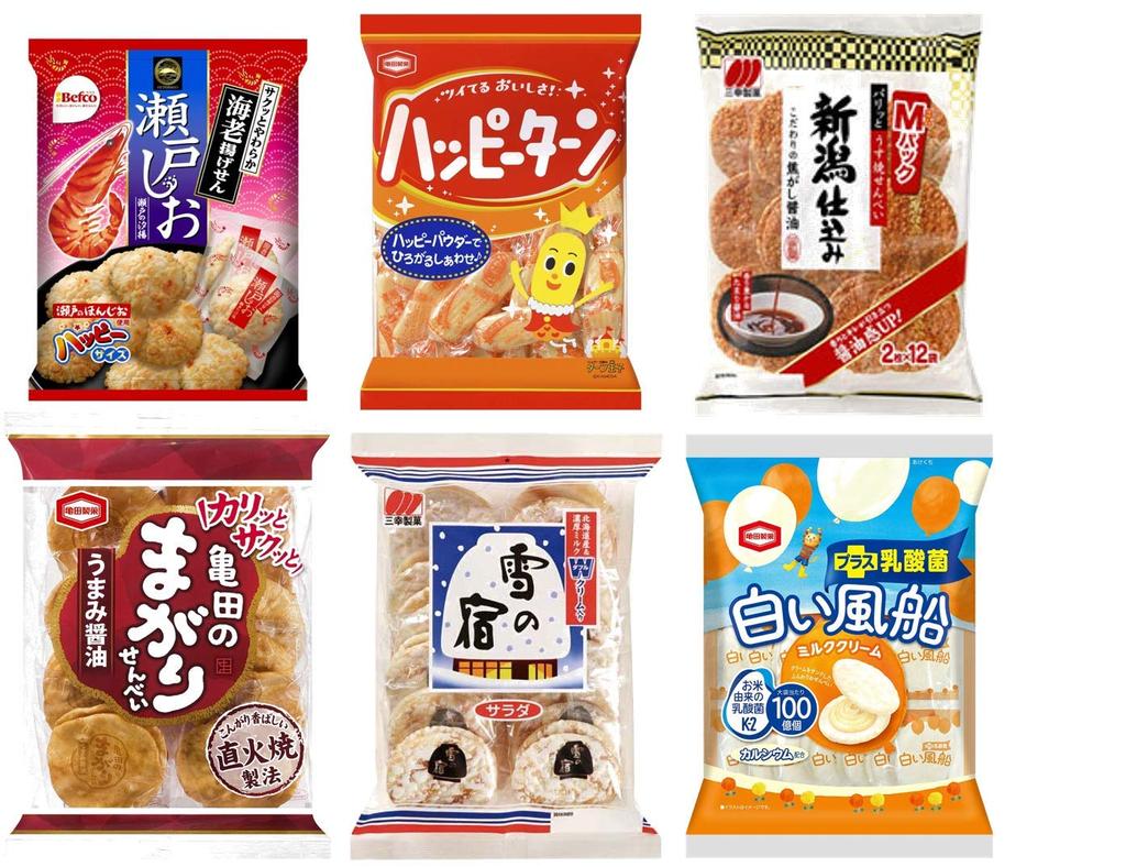 Assortment of Sweets Rice Crackers Snack Confectionery Set A Magari Rice White Seto Shio Niigata Shikomi Soy Yuki No Set of 6 Total (Happy Turn,