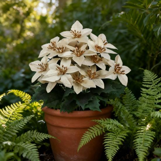 Artificial Poinsettia Bouquet with Green Leaves 4 Fork UV Resistant Fake Silk Flower Home Table Centerpiece Indoor Outdoor Faux Bloom Decoration