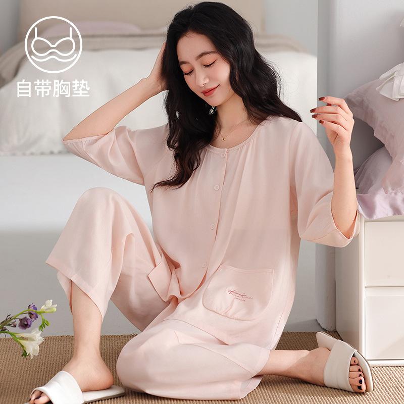 Pajamas Ladies Summer Seven-Point Cuffs Chest Pad Tencel Lyocell Middle-aged Mom Lady Wind No Collar Homewear