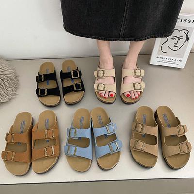 Новые летние женские пробковые тапочки повседневные пляжные с двойной пряжкой нескользящие наружные шлепанцы из нубука из кожи на платформе женские сандалии