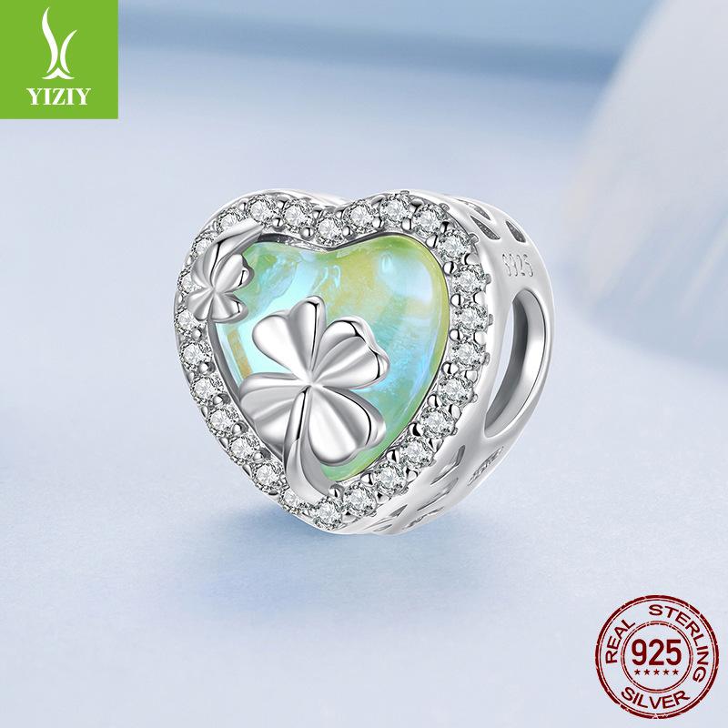 Love Four-Leaf Clover S925 Silver Beads Loose Beads, Small Fresh Heart-Shaped Diy Beaded Jewelry Accessories