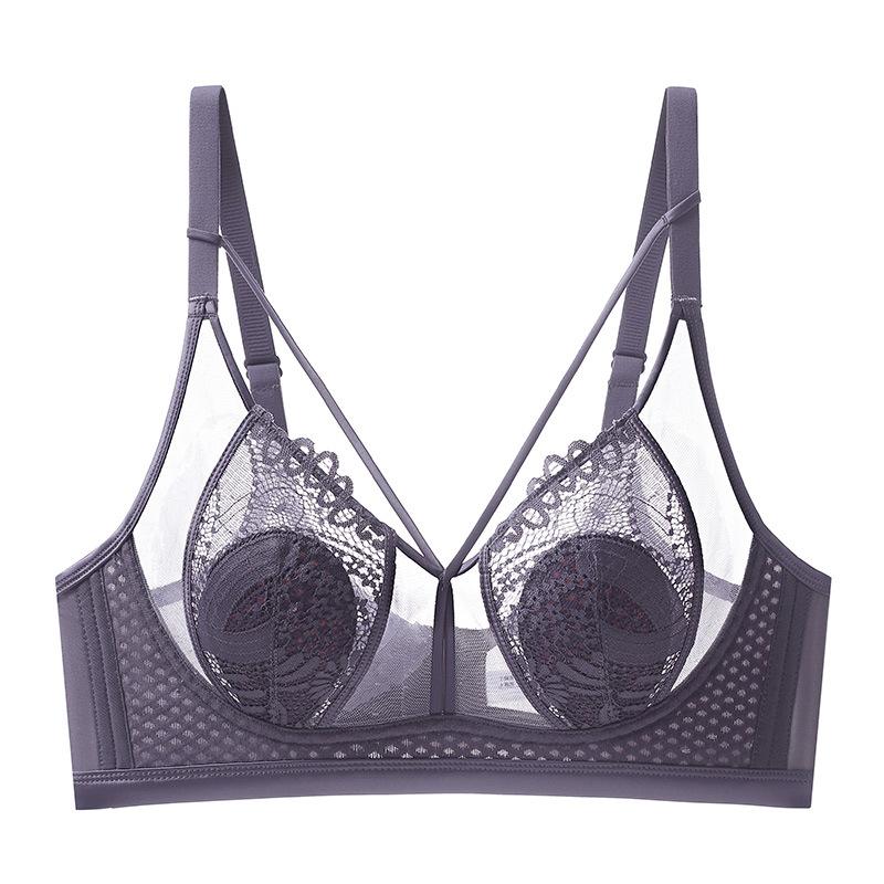 Women Hollow Out Lace Brassiere Gathered Push Up Underwear Wireless Minimizer Bra Ultra Thin Bralette Sexy Mesh Lingerie