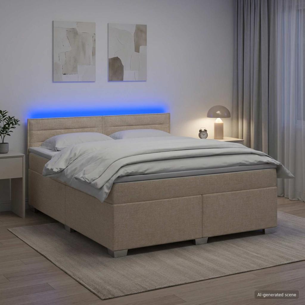 Box Spring Bed with Mattress and LED Cream 140 x 190 cm Fabric