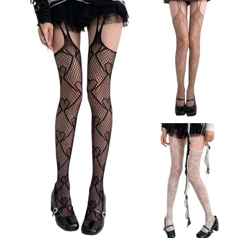 Women JK Gothic Sexy Fishnet Garters Thigh Highs Stockings Tights Hollow Out Heart Patterned Sheer Suspender Pantyhose