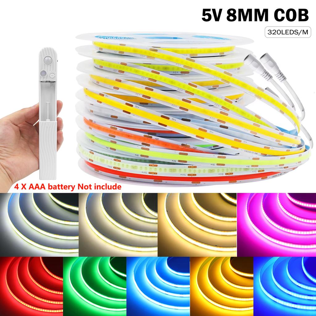 8MM COB Led Strip 5V with Motion Sensor Battery Powered 320LEDs/M Led Induction Night Light Warm White Red I Blue Green Yellow