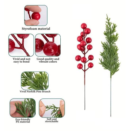 Yousheng 50 шт. Рождественские искусственные веточки Поддельная зелень Сосновые ветки Имитация веточек с красными ягодами для DIY Рождественской гирлянды Венок Композиция Декор