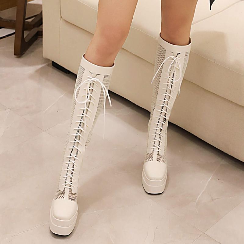 Сексуальные летние сапоги женские на платформе блочный высокий каблук сапоги до колена 2025 черные белые шнуровка сетка фетиш обувь для вечеринки большой размер