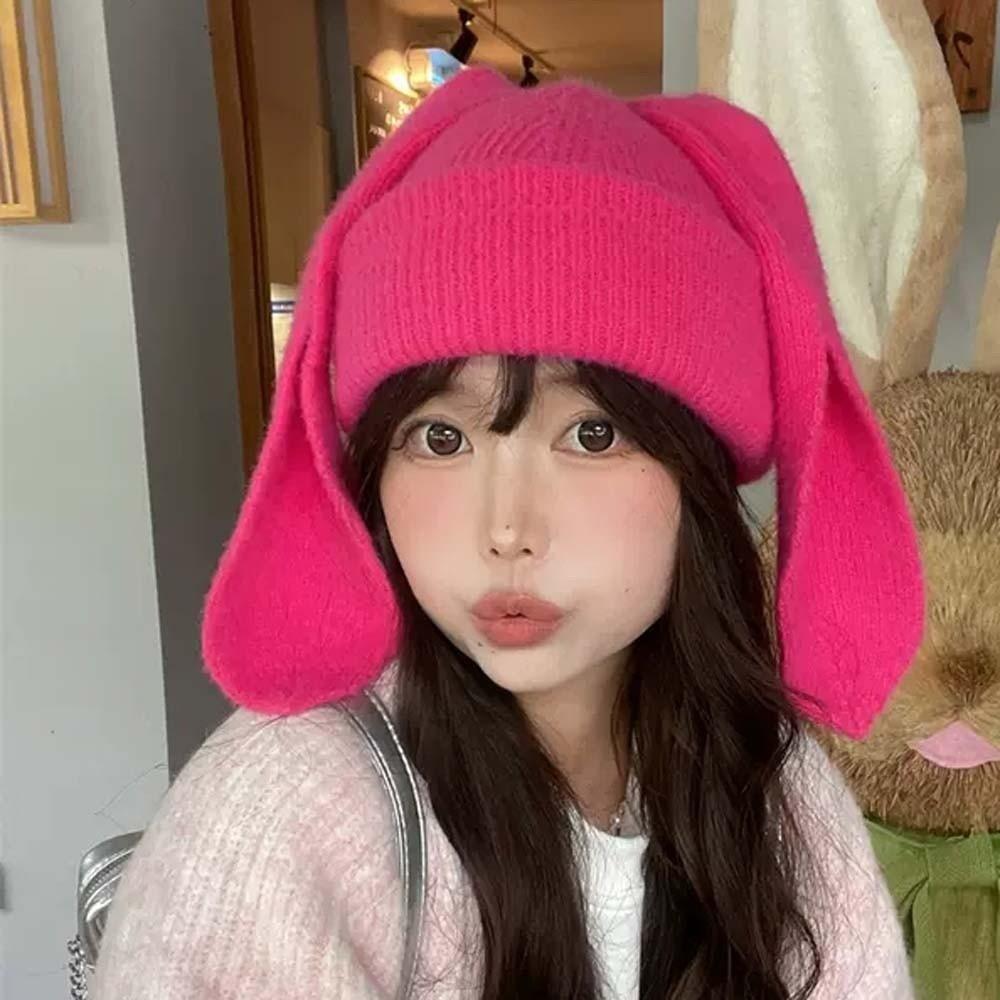 Korean Style Rabbit Ears Cap Trendy Brimless Beanie Hat Personality Bunny Pullover Cap Outdoor