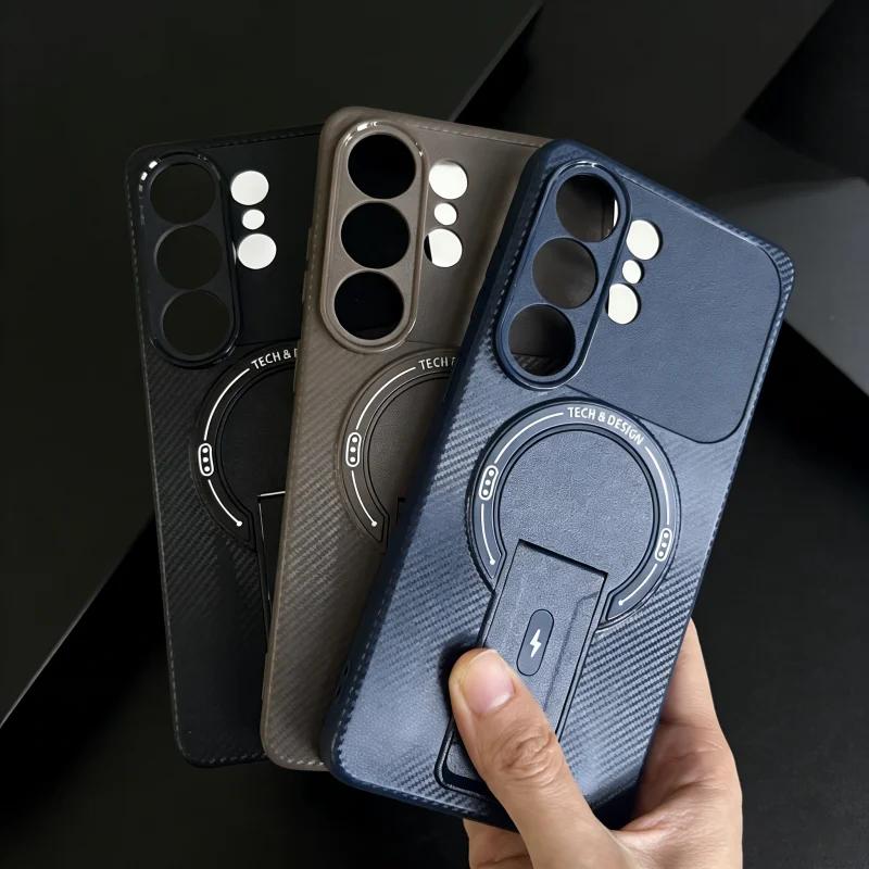 Carbon Fiber Magnetic Bracket Phone Case for Samsung S26 Ultra S25 Edge S24 FE S23 S22 Plus A35 A36 A52 A54 A16 A15 A14 A07 A06