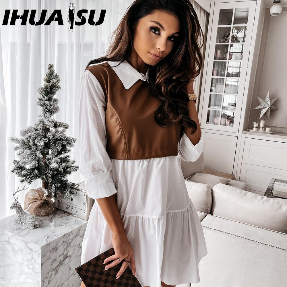 IHUASU Модное женское кожаное платье в клетку мини-платье в стиле пэчворк с юбкой для вечеринки и повседневного использования, весеннее платье с оборками