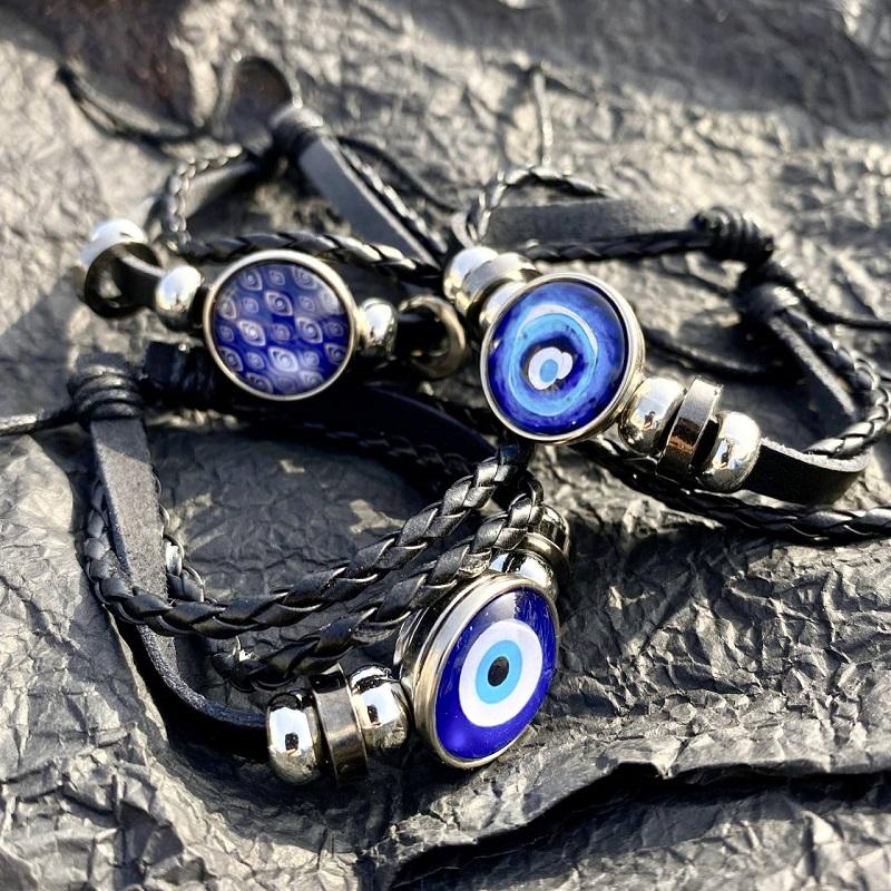Кожаный браслет «Сглаз» Женский ручной работы Голубой глаз Многослойный браслет из бисера Ювелирные изделия для рук Браслеты