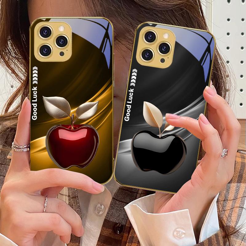 Простое Черное Счастливое Яблоко Для IPhone 16 Pro Max 15 Pro 14 13 Plus 12 Mini 11 Pro Max XS Max XR Золотой закаленный стеклянный чехол для телефона