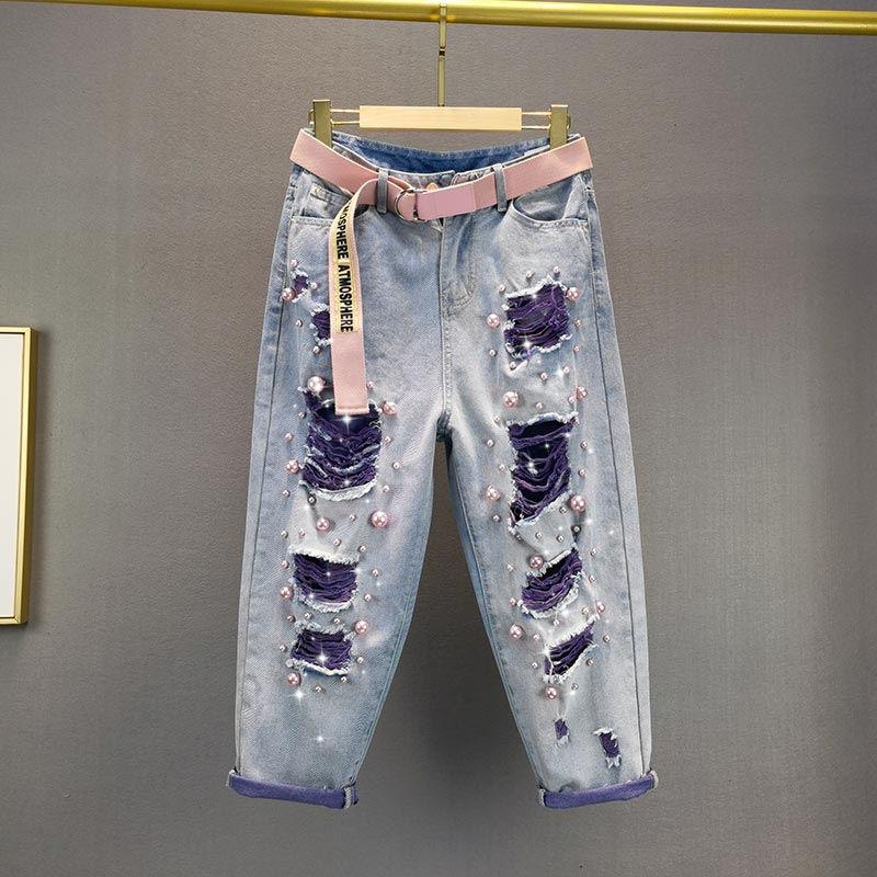 Summer Beaded Ripped Contrast Color Non-elastic Loose Personality Thin Jeans