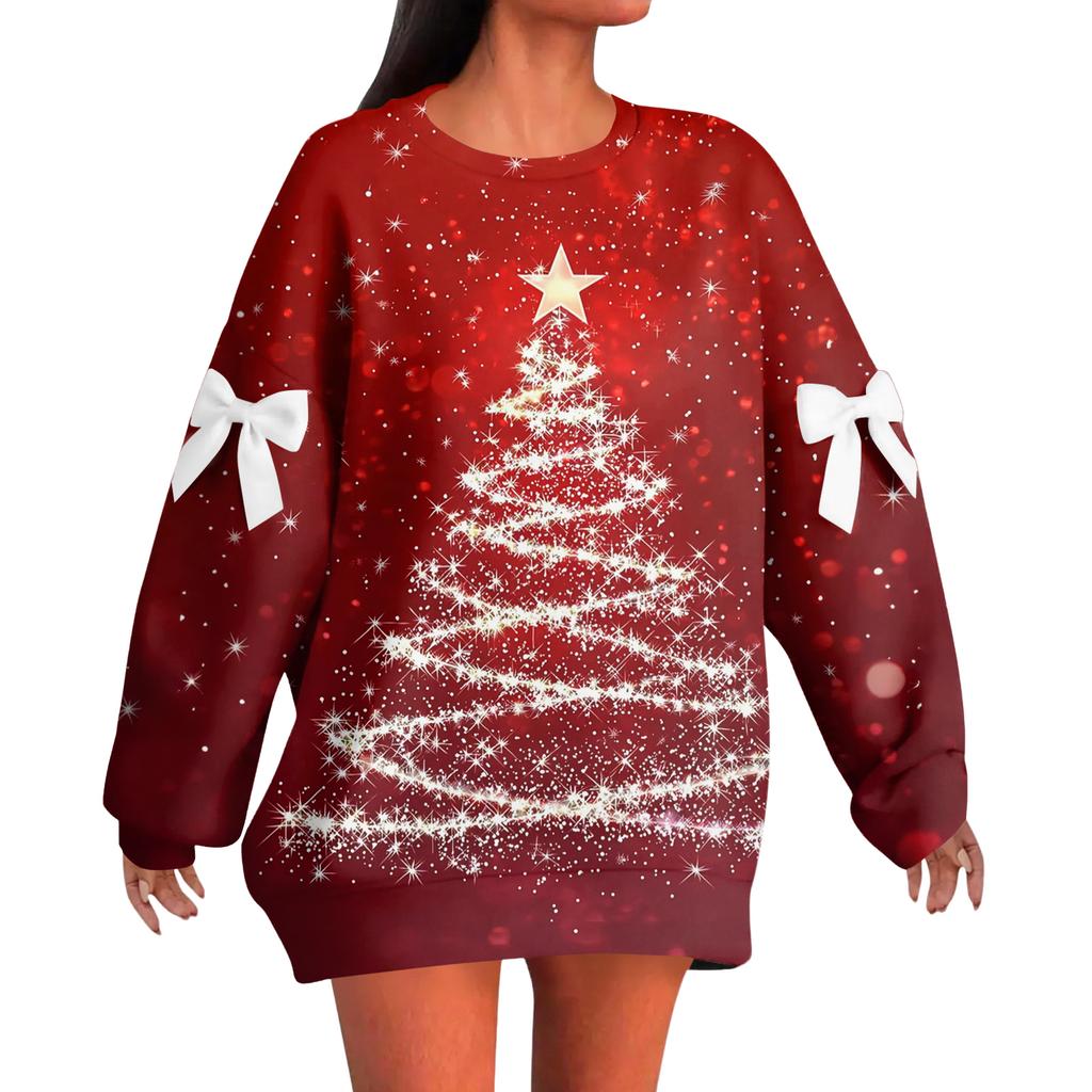 Женский рождественский пуловер с принтом и бантом, с круглым вырезом, длинными рукавами, свободного кроя