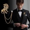 Fashion Crystal Lion Brooch Animal Tassel Chain Lapel Pins British Style Men 'S Shirt Collar Badge Clothing Accessories
