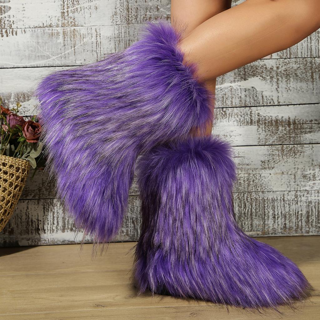 Women's Faux Fur Boots Fuzzy Fluffy Furry Round Toe Suede Winter Comfortable Plush Warm Short Snow Booties for Women Slip On Flat Shoes Mid-Calf Boots