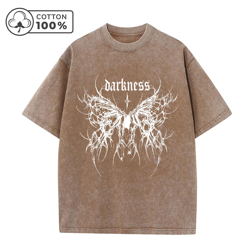Mens Gothic Butterfly Print Casual Washed TShirt Summer Loose Fit Pure Cotton Crew Neck Short Sleeve Retro Street Style Top