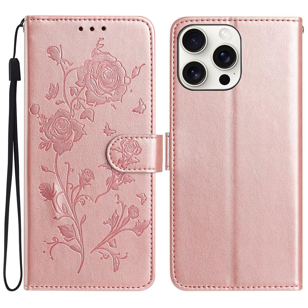 For iPhone 16 Pro Max Wallet Case Rose Pattern Imprinted Leather Flip Stand Phone Cover