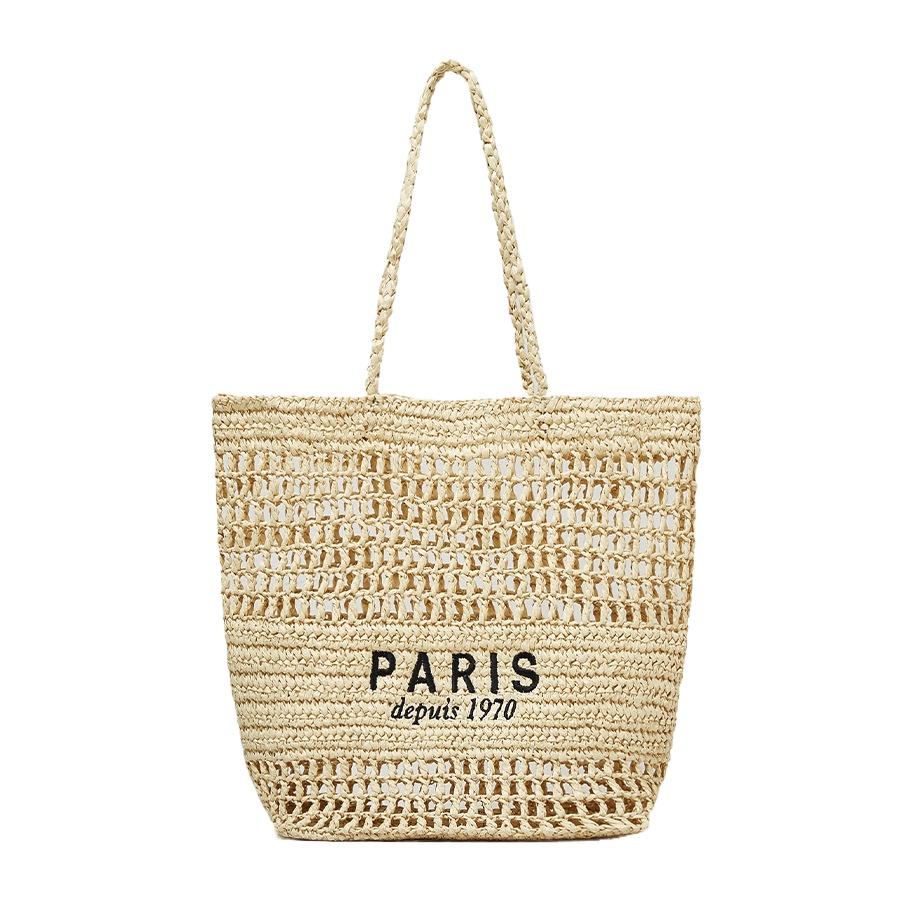 Embroidery Letters Hollowed Out Straw Handbag Women's Large-capacity Hand-woven Shoulder Bag