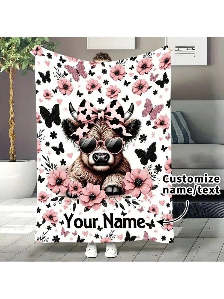 1PC Custom Name Blanket Personalized with Your Own Name Highland Cow Blanket All-Season Throw for Camping Naps & Home Use