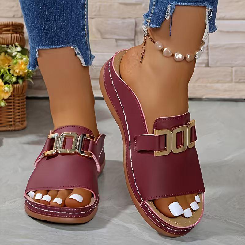 Wedge Thick Sole Slippers For Women Casual Fashion Large Size Button Fish Mouth Sandals