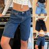 Women's Knee-Length Denim Shorts with Pockets Mid Rise Baggy Denim Bermuda Shorts Straight Leg Jeans Short Pants