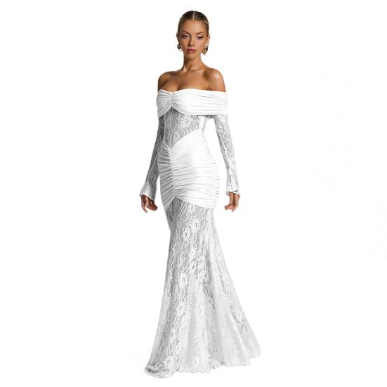 Женское платье макси с открытыми плечами и длинными рукавами, из прозрачной сетки с цветочным кружевом, с драпировкой, облегающее фигуру, сексуальное