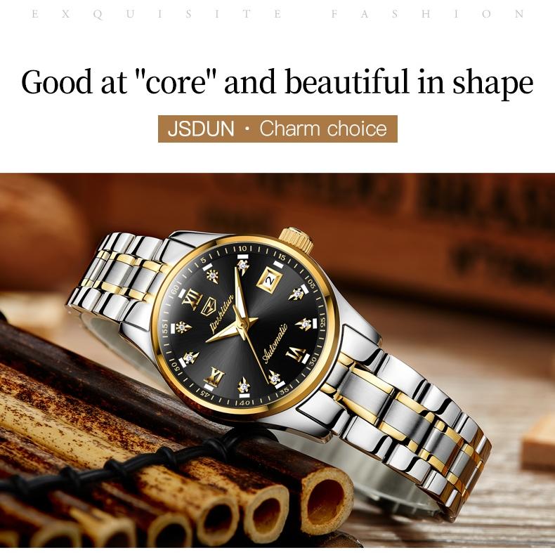 JINSHIDUN Brand Watch Heart Steel Automatic Mechanical Single Calendar Luminous Waterproof Women's Watch Women's Watch
