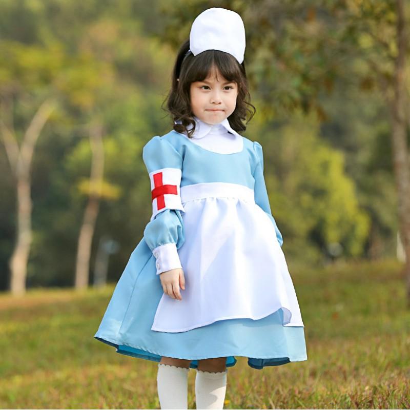 Kids Nurse Costume Blue White Maid Dress