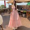 Пасторальный стиль розовое длинное платье для женщин 2025 летнее пляжное платье на тонких бретельках женское платье для отдыха без рукавов А-силуэта сарафан