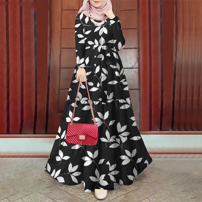 Elegant Floral Plus Size Muslim Women's Loose Dress Robe