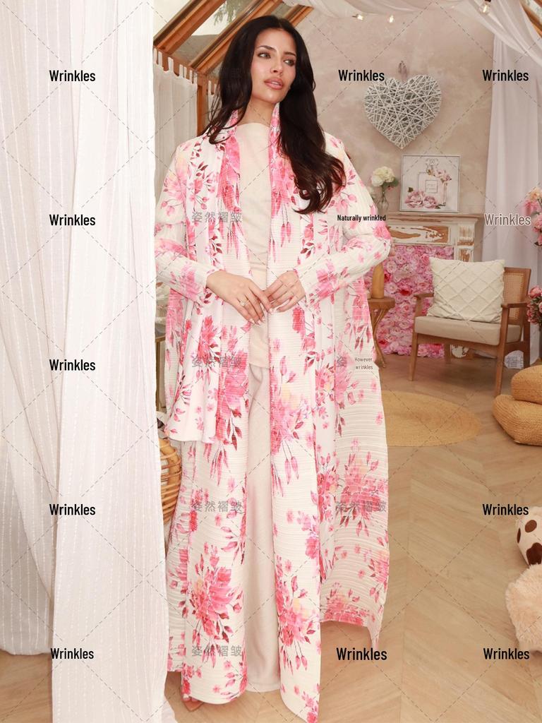 Women's Issey Miyake Pleated Print Cardigan Abaya - Long, Plus Size Arab Robe