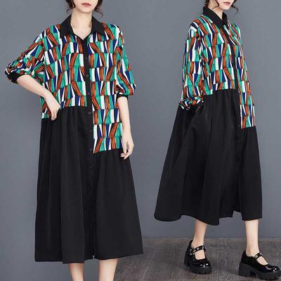 Летнее новое свободное большого размера модное платье с принтом, рубашечным воротником, цветной вставкой и длинным рукавом