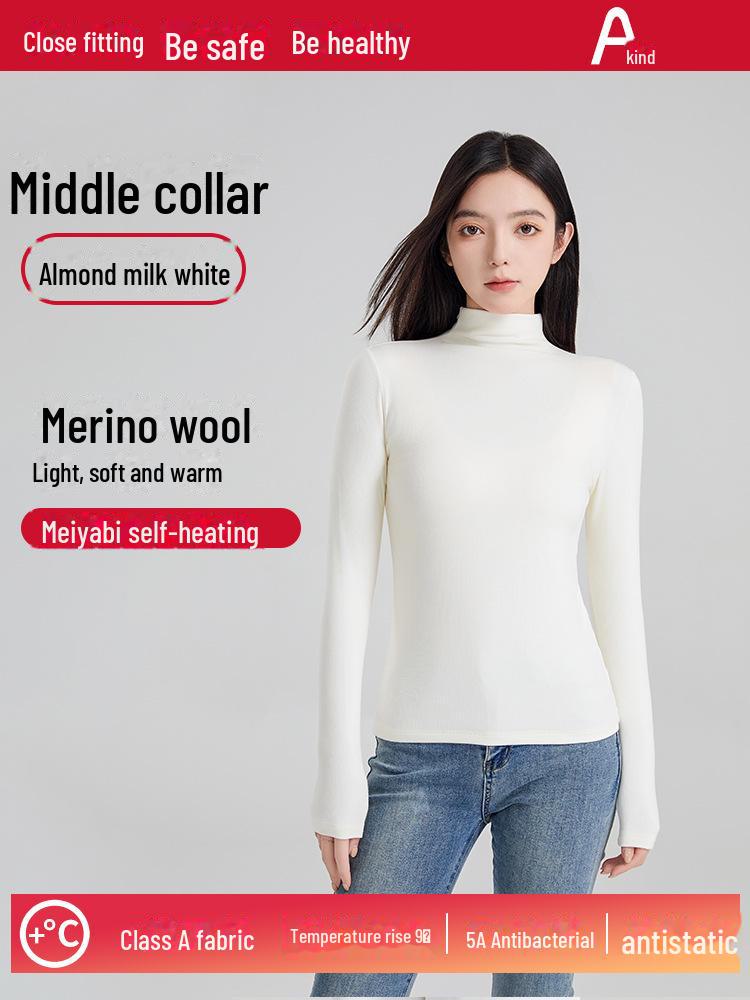 Wool Mid-Neck Slim Fit Women's Long-Sleeve Top, Versatile Autumn/Winter Layering, Warm & Cozy