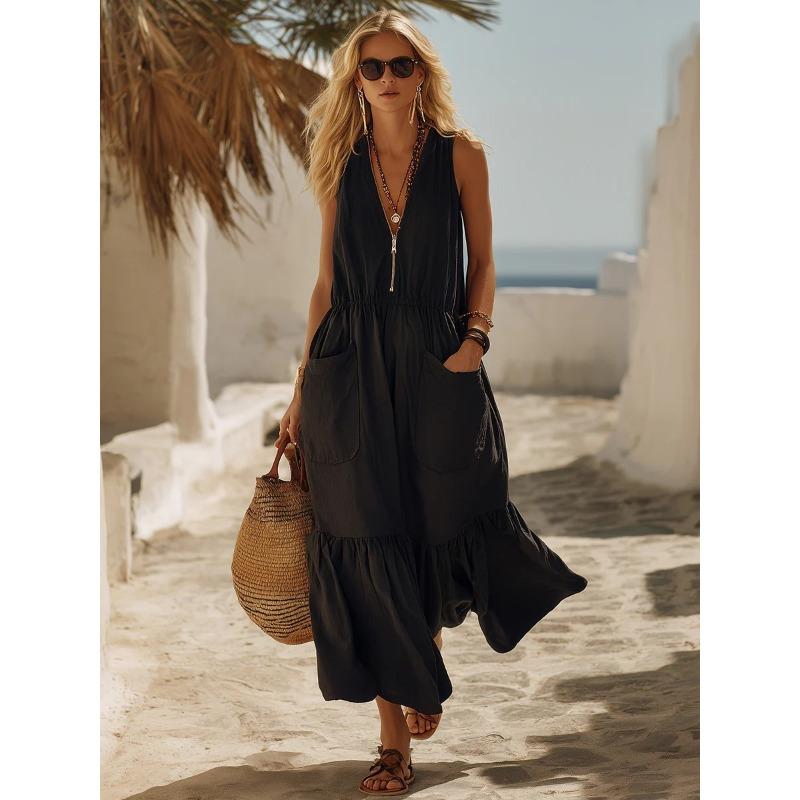 V Neck Sleeveless A Line Long Dress With Pockets Vintage Beach Vacation