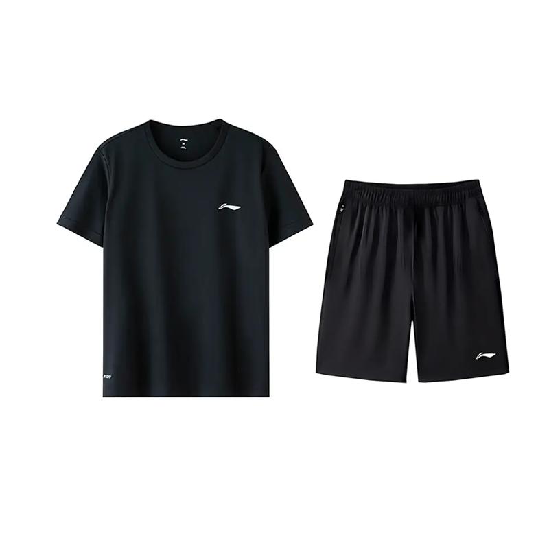 Li-Ning Однотонный пуловер с круглым вырезом, футболка с коротким рукавом, принт с логотипом, простые, легкие, дышащие шорты, повседневный спортивный костюм ATST641-1+AKSV843-1