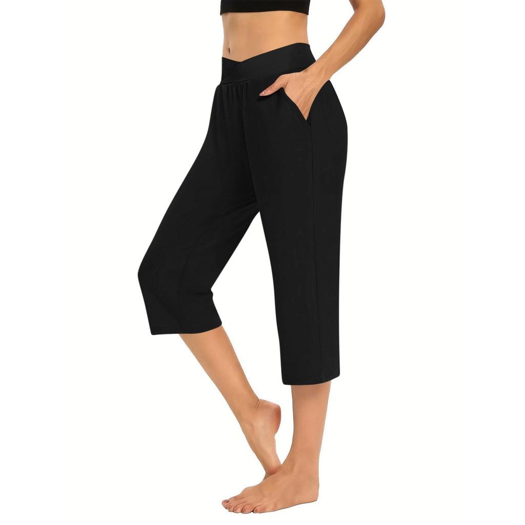 Women  Elastic High Waist 3/4 Pant Casual Active  Fit Wide Capris Leg Pants Trousers With Pockets