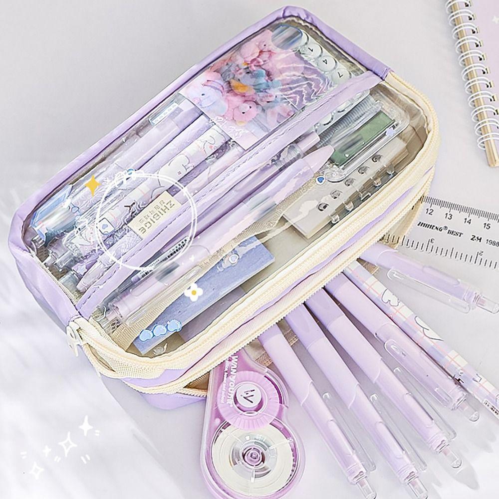 Large Capacity Pen Bag PU Leather+PVC Stationery Bag High Quality Pencil Case  School Office