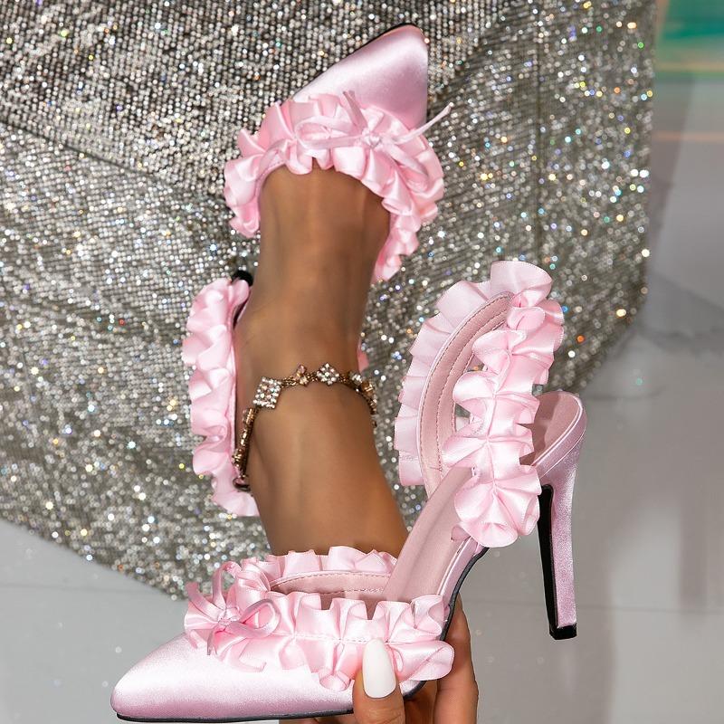 Новый Модный Дизайн Плиссированный Шелк Острый Носок Розовые Высокие Каблуки Свадебные Туфли для Выпускного Вечера Женские Слипоны Сандалии с Задним Ремнем Женские Туфли-Лодочки