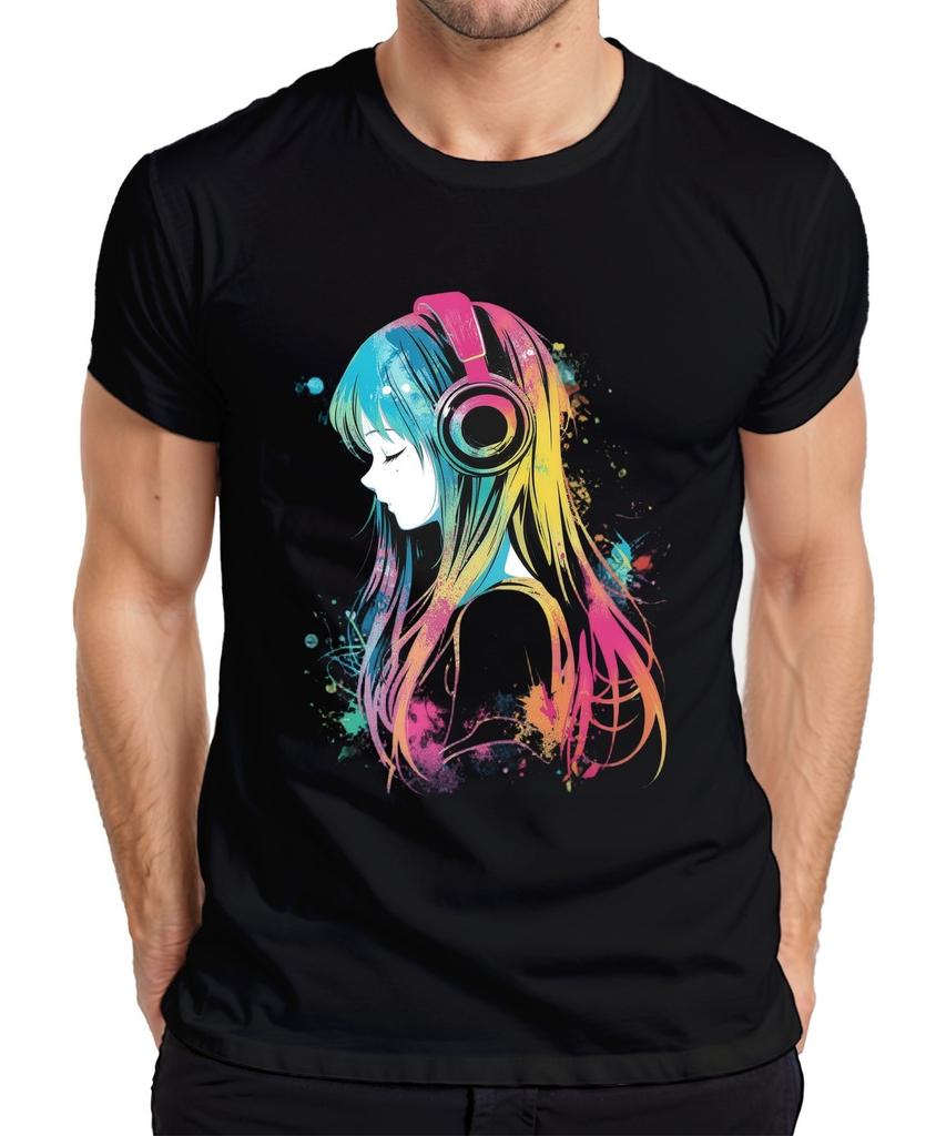 Anime Girls Headphones Music Colorful Watercolor Manga Otaku Gaming Mens T-Shirt