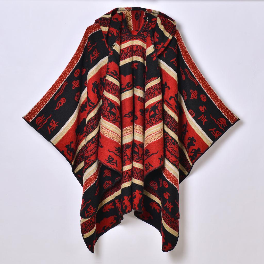 Новый продукт, женская осенне-зимняя теплая накидка с капюшоном в этническом стиле, праздничная накидка, утолщенная жаккардовая шаль