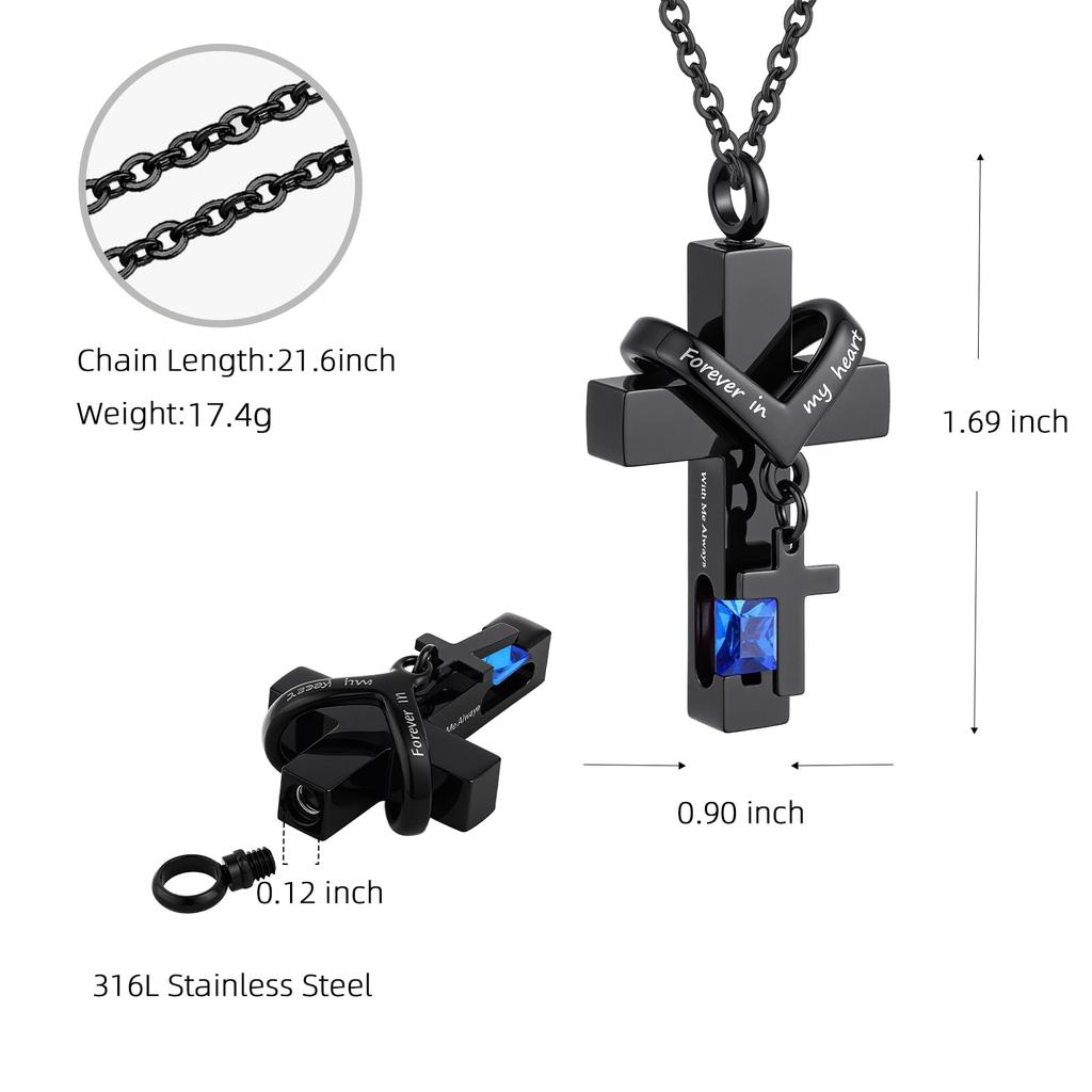 [InfuMemo] Cross-Shaped Urn Necklace for Loved One's Ashes with Birthstone - Forever In My Heart - Always with Me Cremation Jewelry Keepsake Pendant