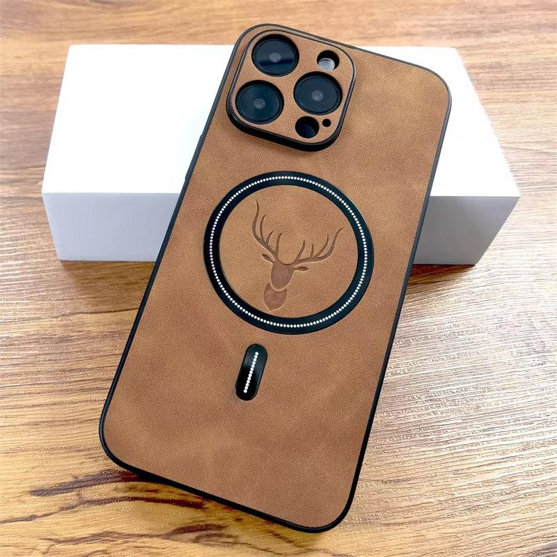 Luxury PU Leather Deer Case For iPhone 15 14 13 12 11 Pro Max 15Pro 14Pro 13Pro ProMax For Magsafe Wireless Charge Full Cover On